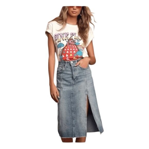 Free People We The Free Mambo Light Wash Denim Midi Skirt Distressed 30 - Picture 3 of 8